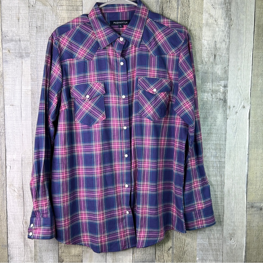 Pashartuk XL Snap Front Long Sleeve Plaid Shirt w/Snap Pockets Purple & Pink